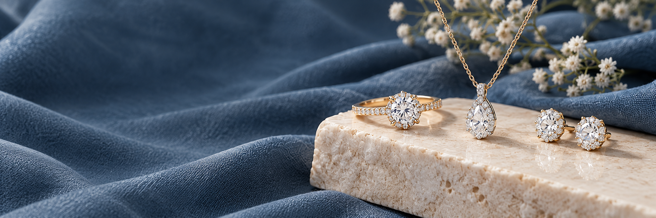 Fine jewellery on blue linen and natural stone
